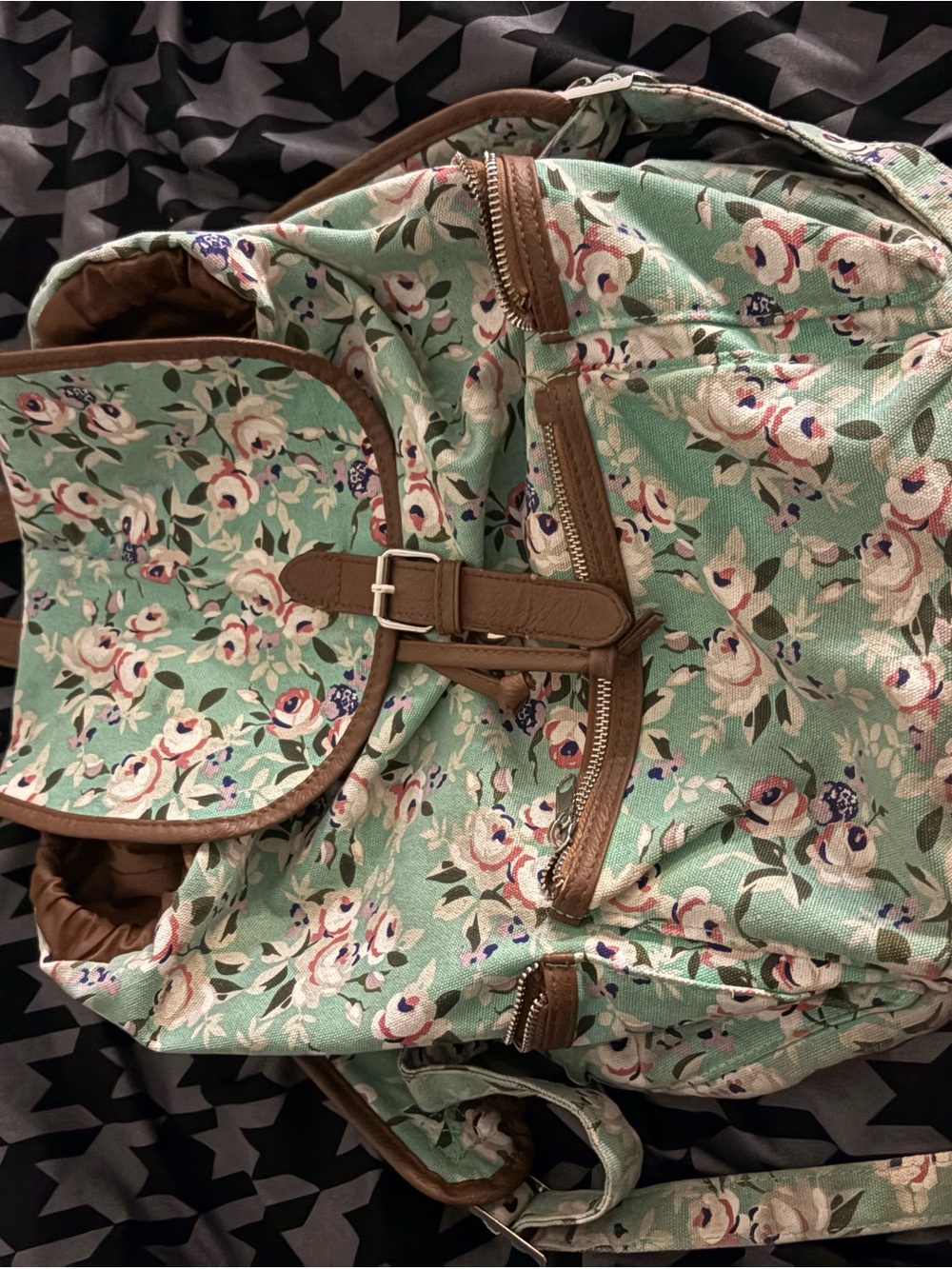 Floral Mint Canvas Backpack with Tan Trim